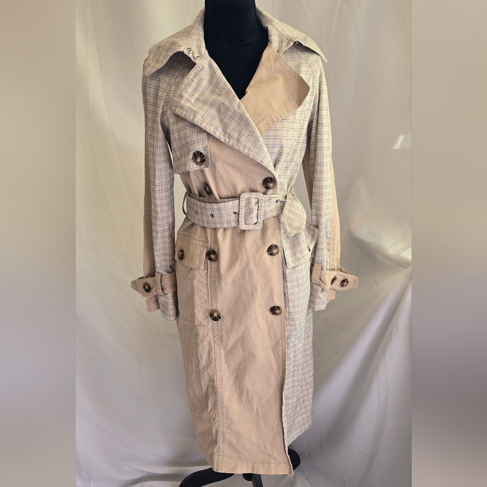 Avec Les Filles women XS color block raglan trench coat mixed media belted plaid - Picture 3 of 12